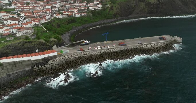 Aerial shots of the town of Corvo island and its aerodrome in the Azores