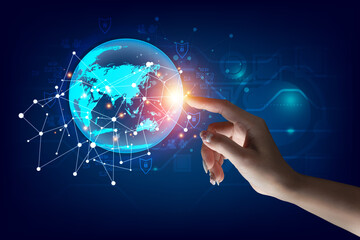 Woman hand touching global network and data exchanges over the world 3D rendering, network city background. Internet concept. Technology Ai for science, business, innovation