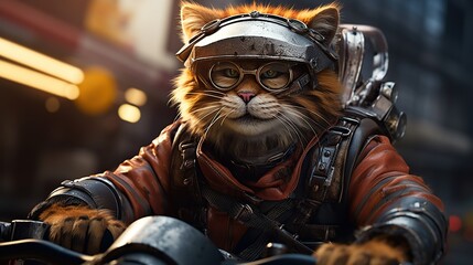 Fototapeta na wymiar cat is riding a motorcycle wearing a helmet and goggles