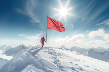 Back view of a man on top of a snowy mountain on a sunny day, raising a red flag. Creative concept of leadership, conquering peaks, professional achievements. Generative AI photo imitation.