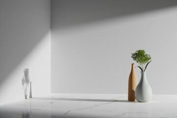 Simple monotone background with vases, tree
shadows and natural light. 3d Render.