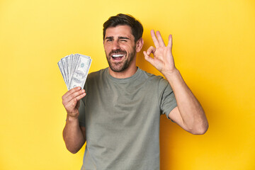 Caucasian man holding dollars, yellow studio shot cheerful and confident showing ok gesture.