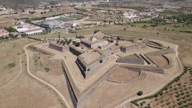 Aerial orbiting view of scenic Santa Luzia fortress in Elvas, Portugal