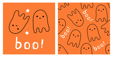 Halloween seamless pattern with cute ghost and hand written font on orange background. 