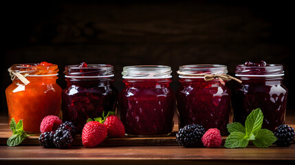 Fototapeta na wymiar Various homemade fruit jam in the jars