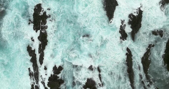 Aerial shots of Corvo island shore in the Azores