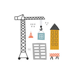vector construction crane and buildings