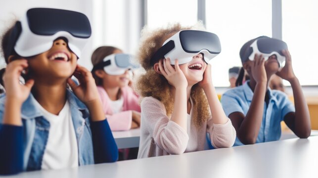 Photo of children exploring virtual reality in a classroom .generative ai