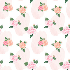 Seamless watercolor floral pattern - pink blush flowers elements, green leaves branches with pink watercolor splash on white background. for wrappers, wallpapers, postcards, greeting cards