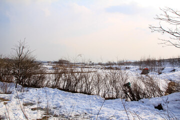 The view of the sunny winter day with snowy field at sunset.  Nature scene and travel scene.