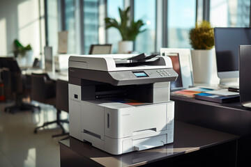modern office multifunction printer on the office background. Generative AI - obrazy, fototapety, plakaty