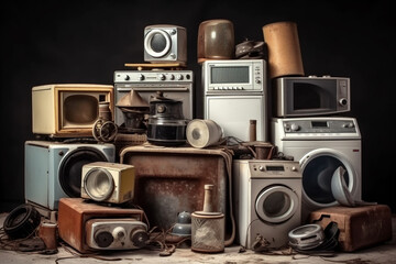 pile of old household appliances. Generative AI - obrazy, fototapety, plakaty