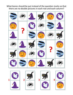 Halloween picture domino sudoku logic puzzle with bats, spider, witch hat, black cat, pumpkin, ghost
