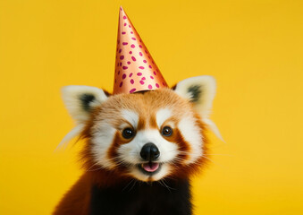 Obraz premium Portrait of a cute red panda in a birthday festive party hat on a bright yellow background