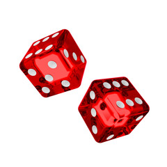 concept of gamble two red glass dice and white dot isolated on white background. red glass dice and white dot isolated. red glass dice isolated 3d render illustration - obrazy, fototapety, plakaty