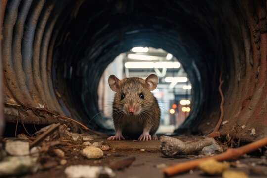 Urban brown rat surrounded by city buildings
