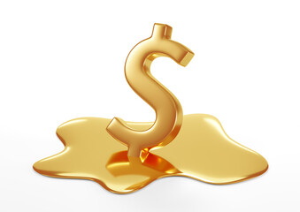 Gold dollar inflation currency 3d symbol isolated white melt down financial background of crisis economy money finance investment business recession exchange loss market decrease economic low price.