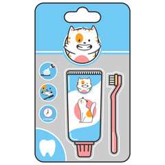 Cat toothpaste and toothbrush vector cartoon illustration isolated on a white background.