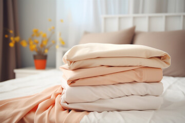 Stack of clean linens and sheets on a blurred background. Generative AI
