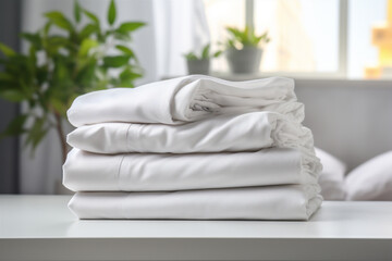 Stack of clean linens and sheets on a blurred background. Generative AI