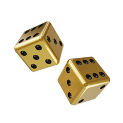 concept of gamble two gold dice and black dot isolated on white background. gold dice and black dot isolated. gold dice isolated 3d render illustration