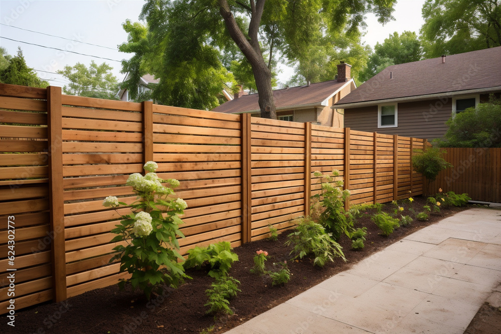 Sticker Wooden fence in the backyard and lawn. Generative AI