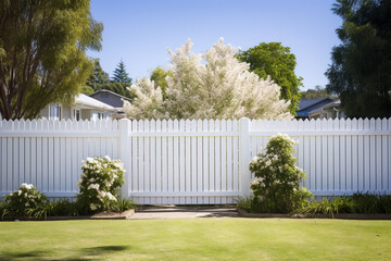 White wooden fence in the backyard and lawn. Generative AI