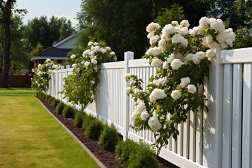White wooden fence in the backyard and lawn. Generative AI