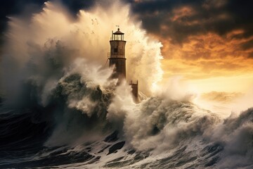 Huge waves engulfing Lighthouse during Autumn storm 