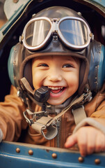 Close-up portrait of a little boy in vintage aviator hat and goggles in the airplane cabin