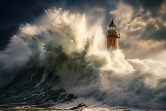 Huge waves engulfing Lighthouse during Autumn storm 