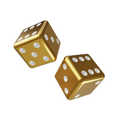 concept of gamble two gold dice and white dot isolated on white background. gold dice and white dot isolated. gold dice isolated 3d render illustration - obrazy, fototapety, plakaty