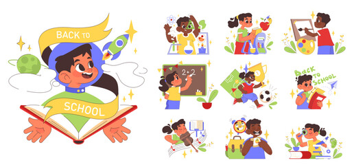 Back to school set. Children doing school subject research. Happy