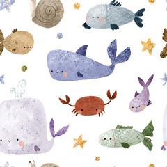 nautical seamless pattern with underwater life. Fishes and other animals. Under sea, deep water. Childish simple design