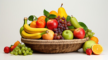 Composition with fruits and wicker basket on white Generative AI