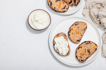 Sweet bread with raisins, dried apricots, dates, figs. Healthy ingredient for sandwiches, breakfast