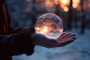 Fotobehang Snow magic ball. The magic of winter holidays. Magical crystal ball on the palms. Generative AI. © Yuliia