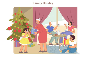 Big happy family celebrating Christmas. Characters exchanging presents