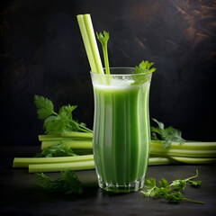 Healthy celery drink in a glass glass on a dark background