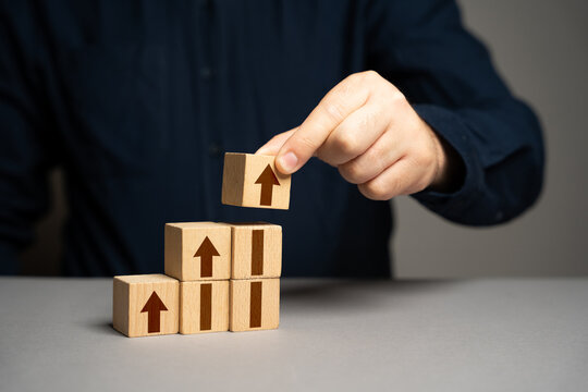 Build growth steps. Growth and development, promotion. Career advancement. Motivation, self-development. Achieve success and conquer new heights.