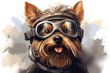 Adorable Yorkshire Terrier Sporting Aviator Goggles. Generative AI