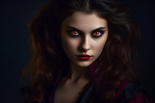 Portrait of a Beautiful Vampire With Red Eyes and Red Lips in the Dark