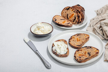Sweet bread with raisins, dried apricots, dates, figs. Healthy ingredient for sandwiches, breakfast