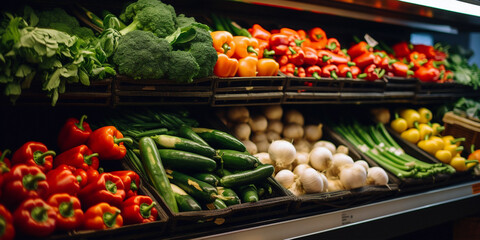 Fresh vegetables on a store shelf. Generative AI