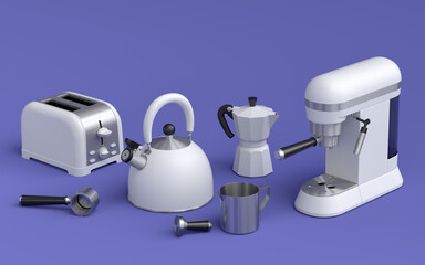 Kitchen appliances and utensils for making breakfast on violet background