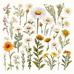 Wildflowers mountain meadow poppy chamomile apple tree tea herbs medicinal medicine