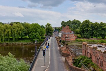 view of the old medieval bridge from the city walls of Chester