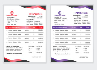 Business Minimal Corporate Invoice design template vector illustration bill form price . Creative template and stationery design payment agreement design template Cash Memo, Vector Quotation Design