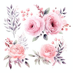 Blumen zum Dekorieren einer Hochzeitskarte, Pfingstrosen, hellrosa Aquarell Stil, einzelne Gestecke 1, AI generiert
