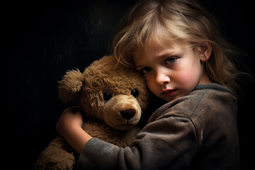 child clutching a teddy bear seeking comfort.  